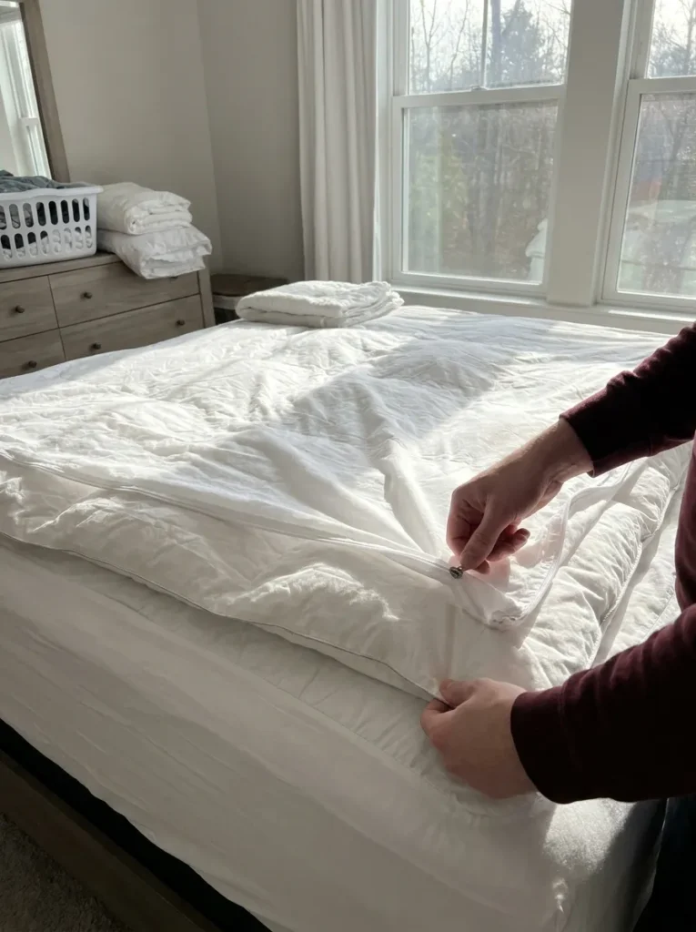 White zippered hypoallergenic duvet protector being placed over a comforter insert