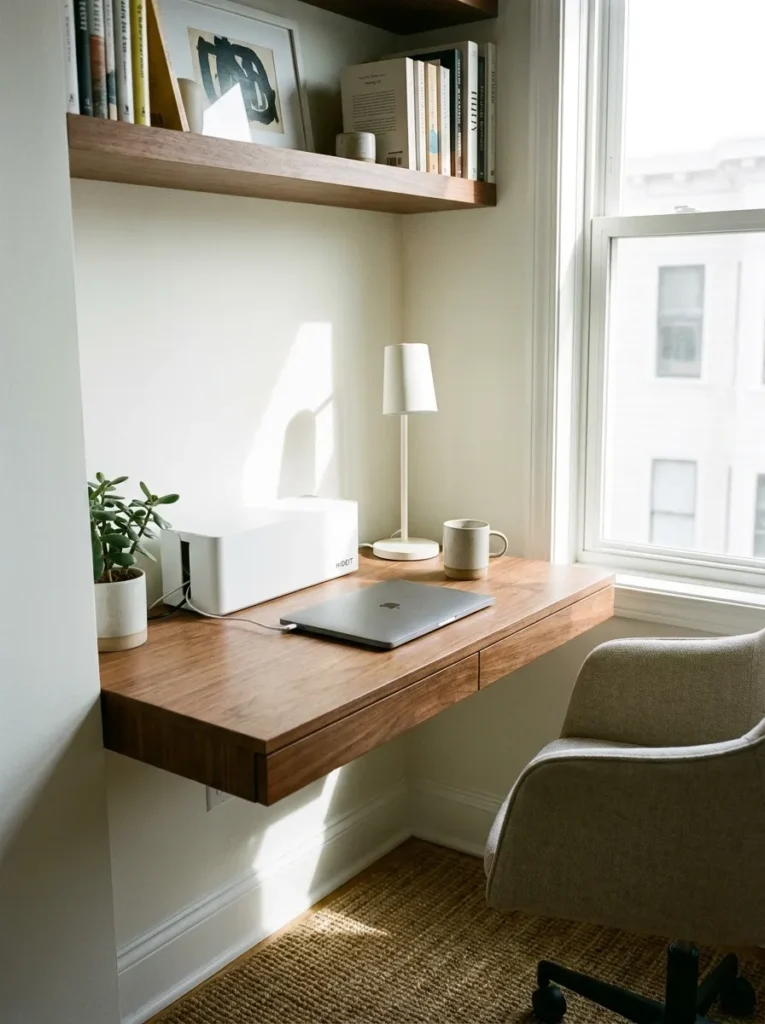 Matte white cord management box organizing wires on a small desk