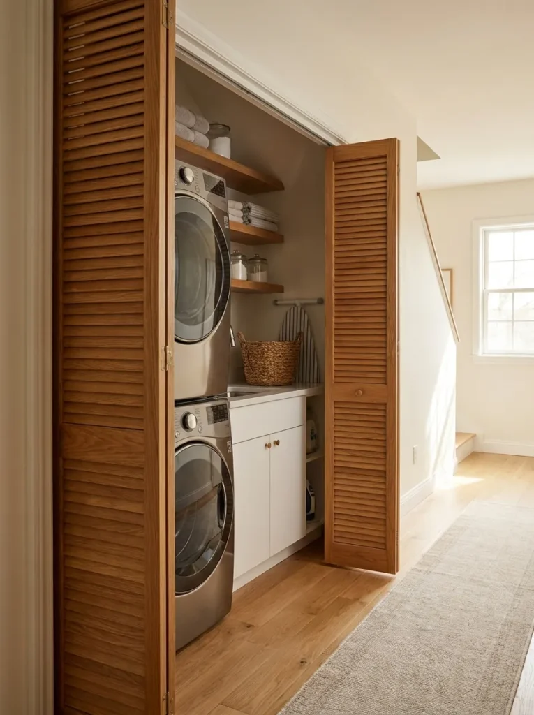 Slatted wood bi-fold doors hiding a laundry room under the stairs