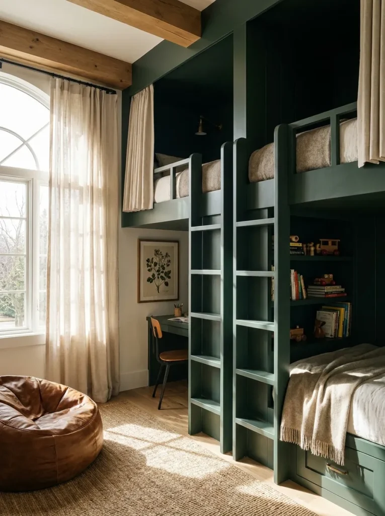 Built in bunk beds for boys painted a moody forest green
