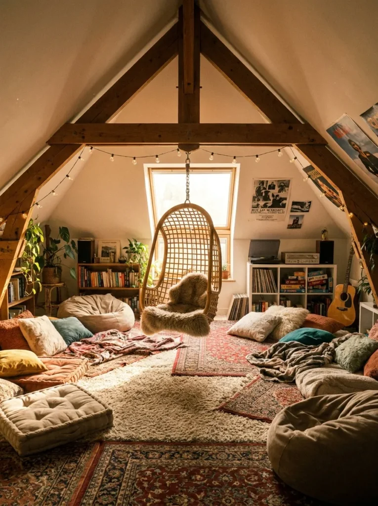 Hanging rattan egg chair and floor cushions in a teen attic lounge