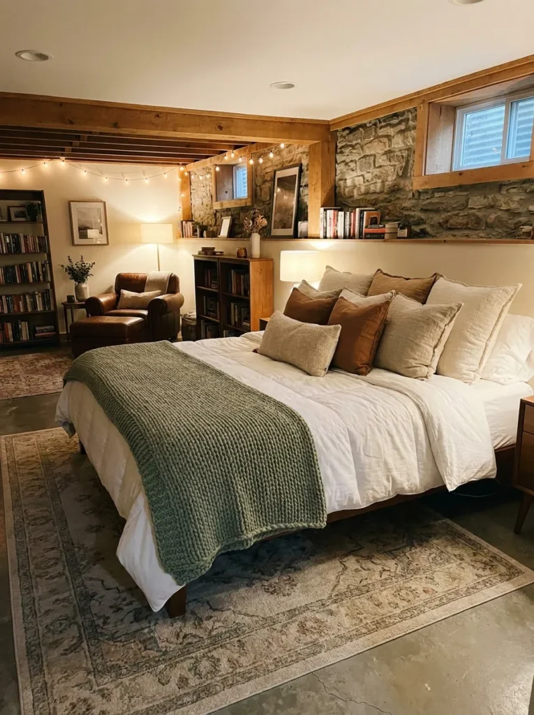 Thick layered bedding and chunky knit blankets on a basement bed