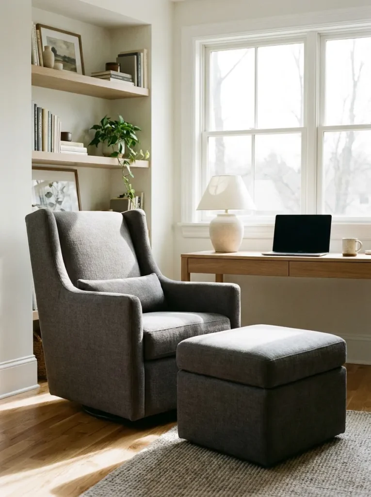 Modern charcoal linen upholstered glider chair in a contemporary nook