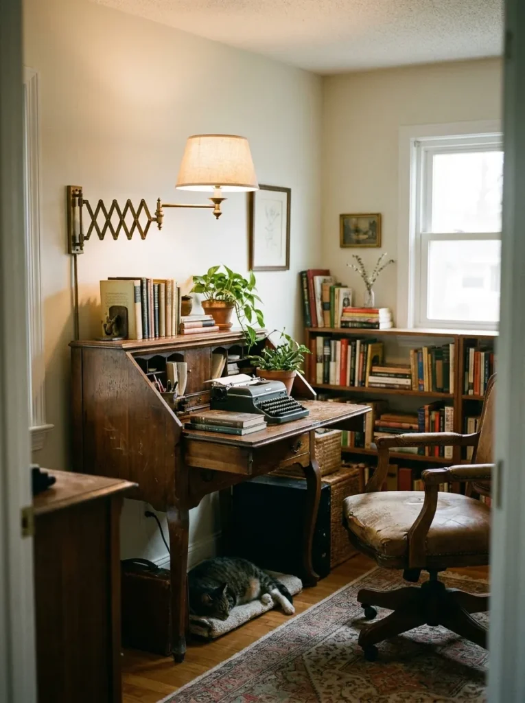 Antiqued brass swing arm wall sconces saving desk space in a cozy home office