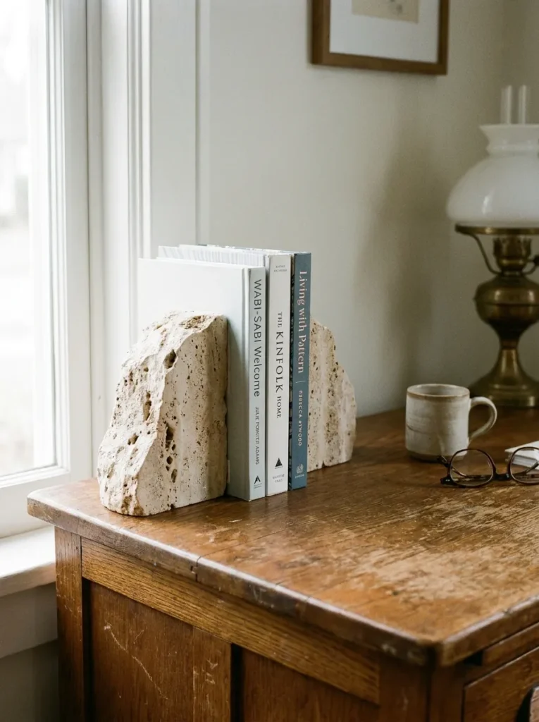 Travertine stone bookends organizing reference manuals on a cozy home office desk