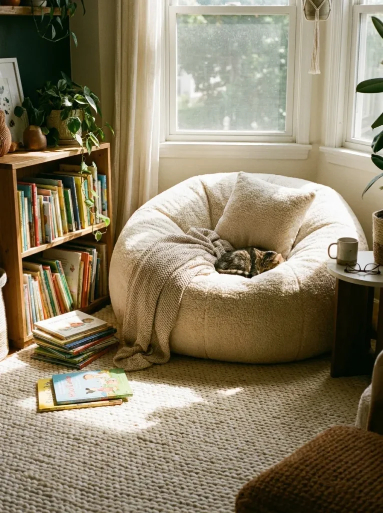 Large cream sherpa beanbag chair sitting in a cozy kids reading corner