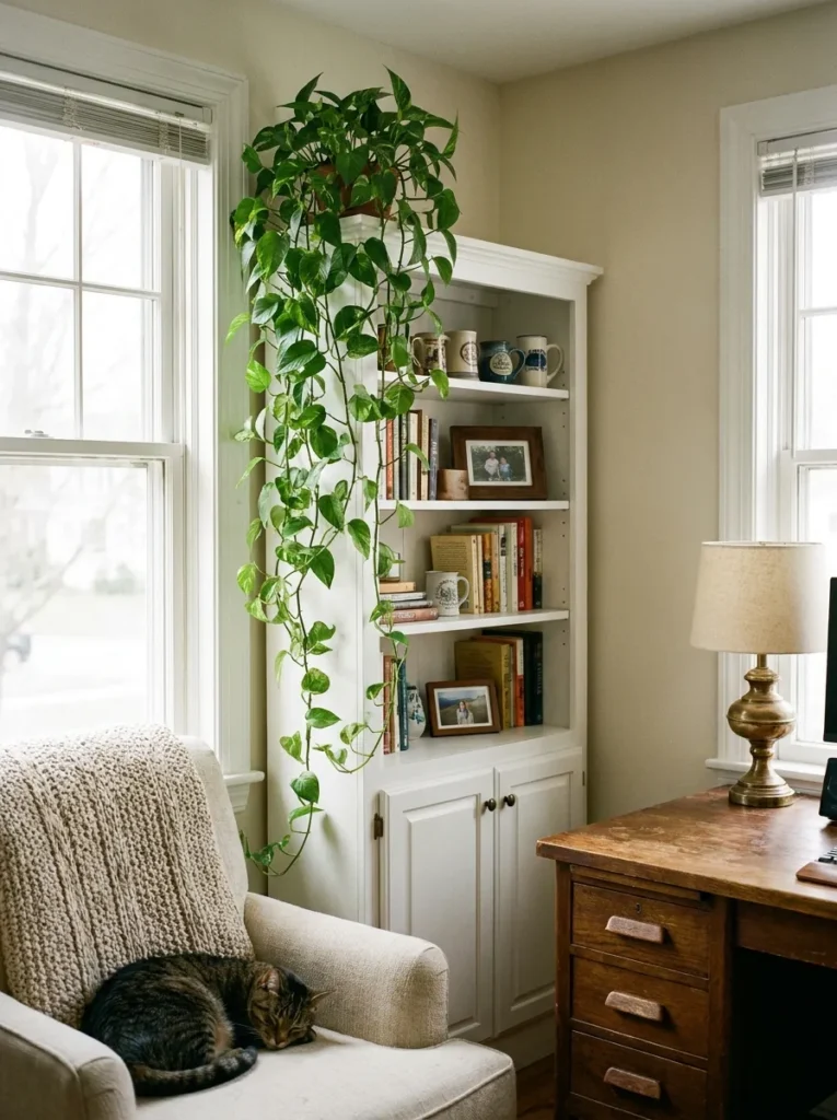 Trailing green pothos plant adding natural texture to a cozy office space