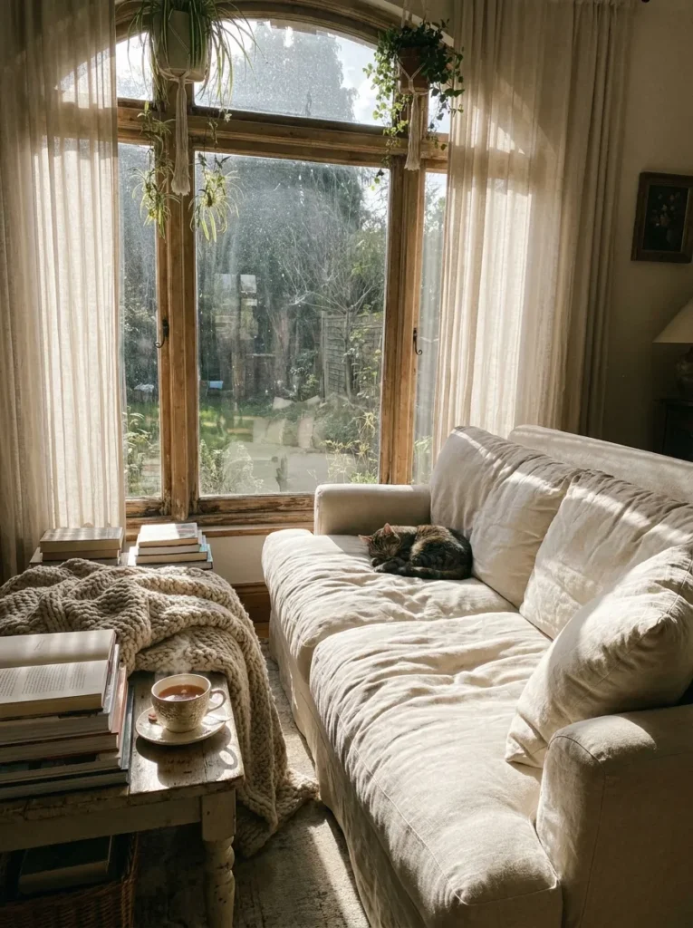 Cream linen chaise lounge placed by a sunlit window