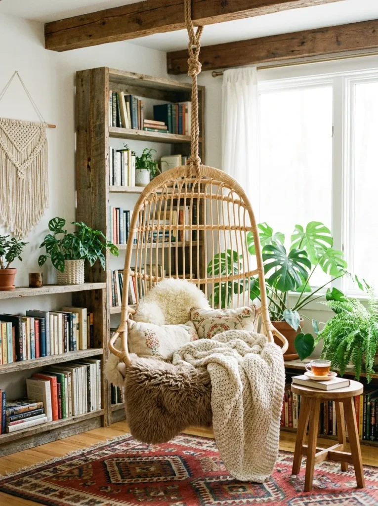 Woven rattan hanging egg chair suspended inside a bright room corner