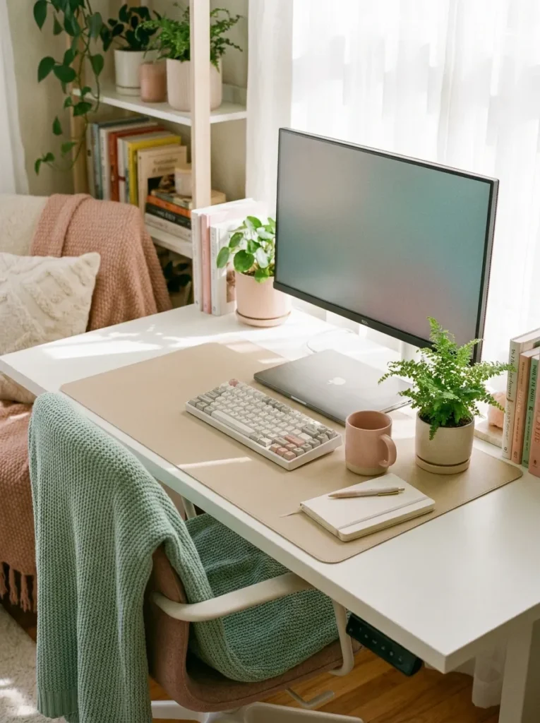 Clean cozy WFH desk setup with an oatmeal leather mat and hidden wires