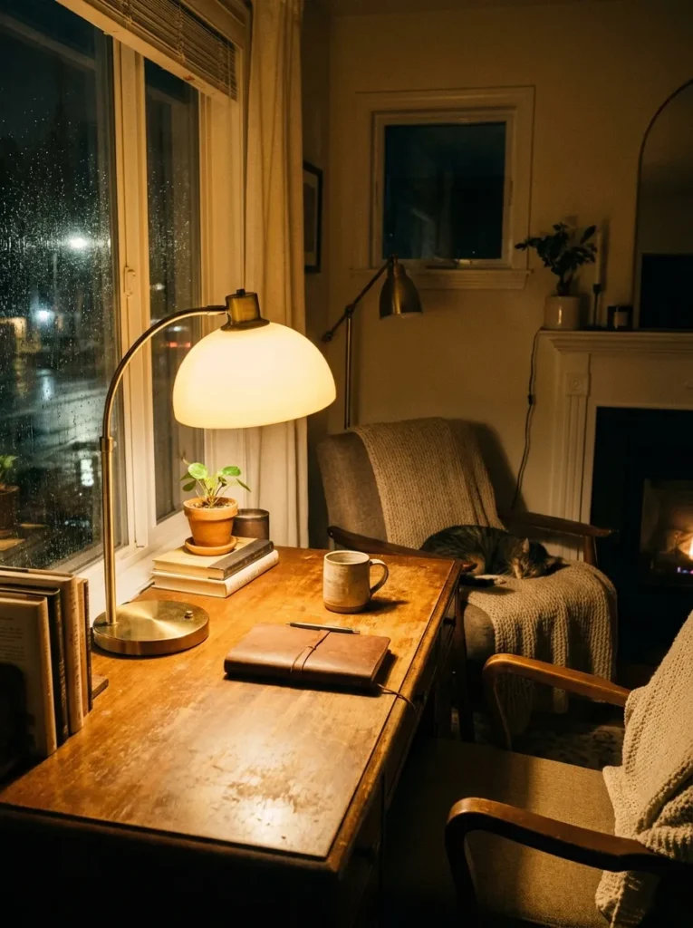 Brushed brass desk lamp casting warm ambient lighting over a wooden workspace