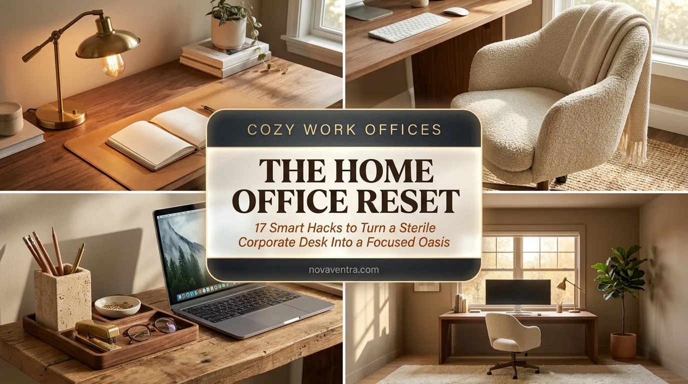 Cozy work office ideas featuring ambient brass lighting, bouclé office chairs, travertine desk accessories, and clean cable management setups.