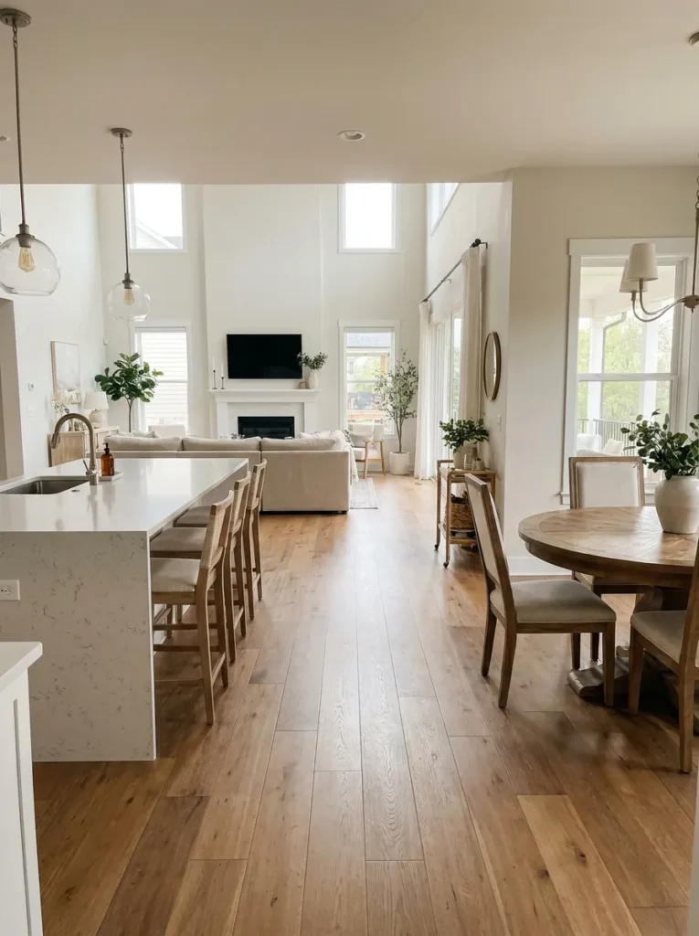 Clear walkway separating the kitchen and dining zones for easy traffic flow