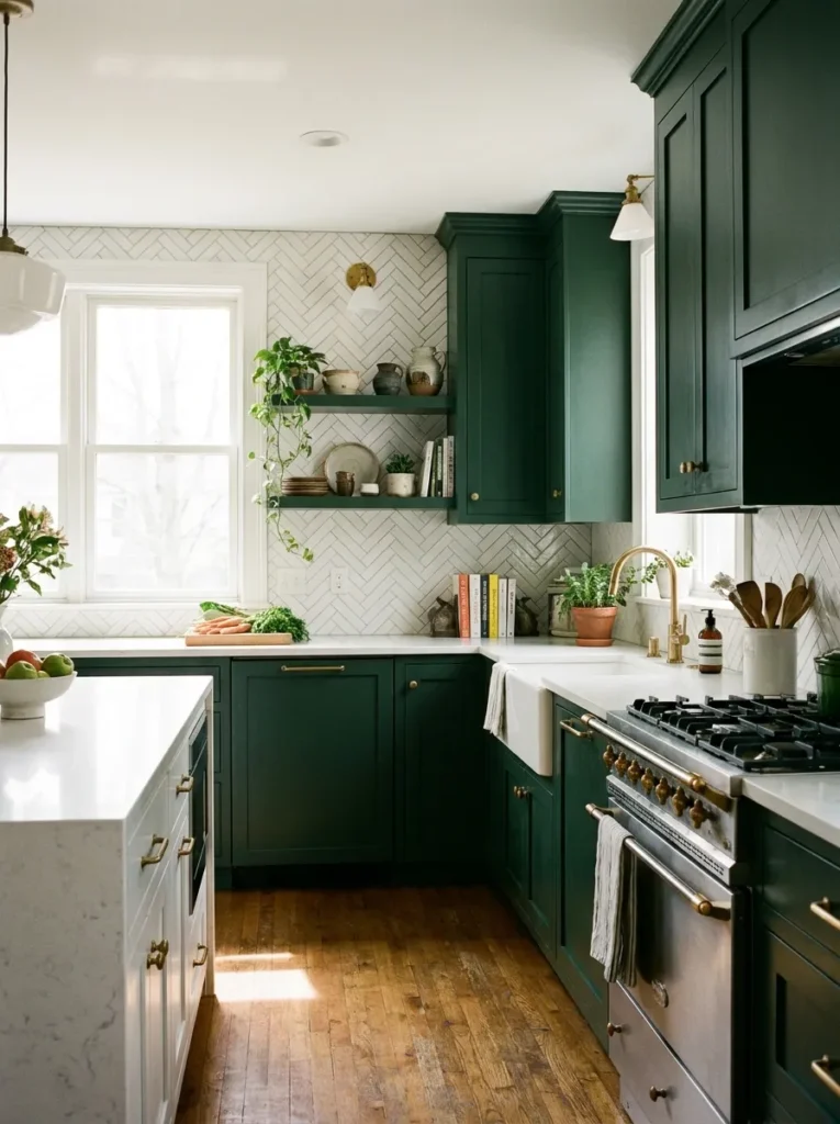 Crisp white herringbone tile backsplash with dark green kitchen cabinets