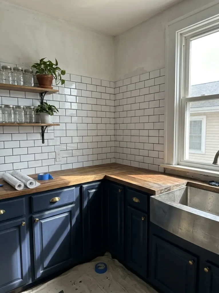 Glossy white peel and stick backsplash over navy blue kitchen cabinets