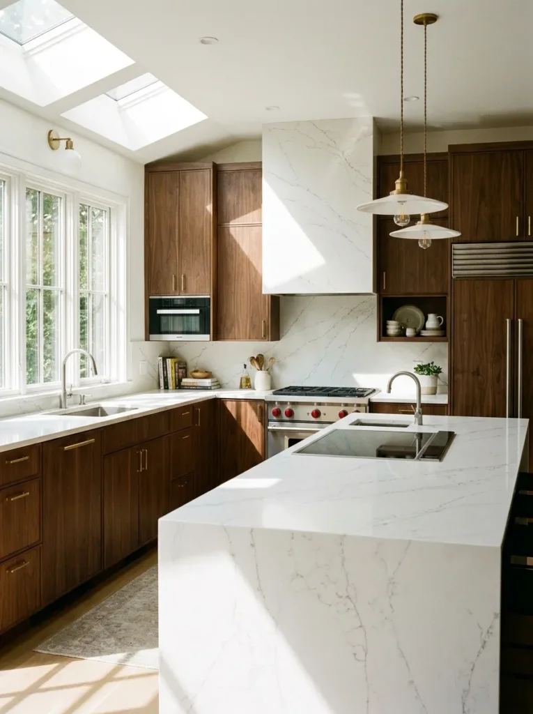Seamless white quartz slab backsplash with dark wood cabinets