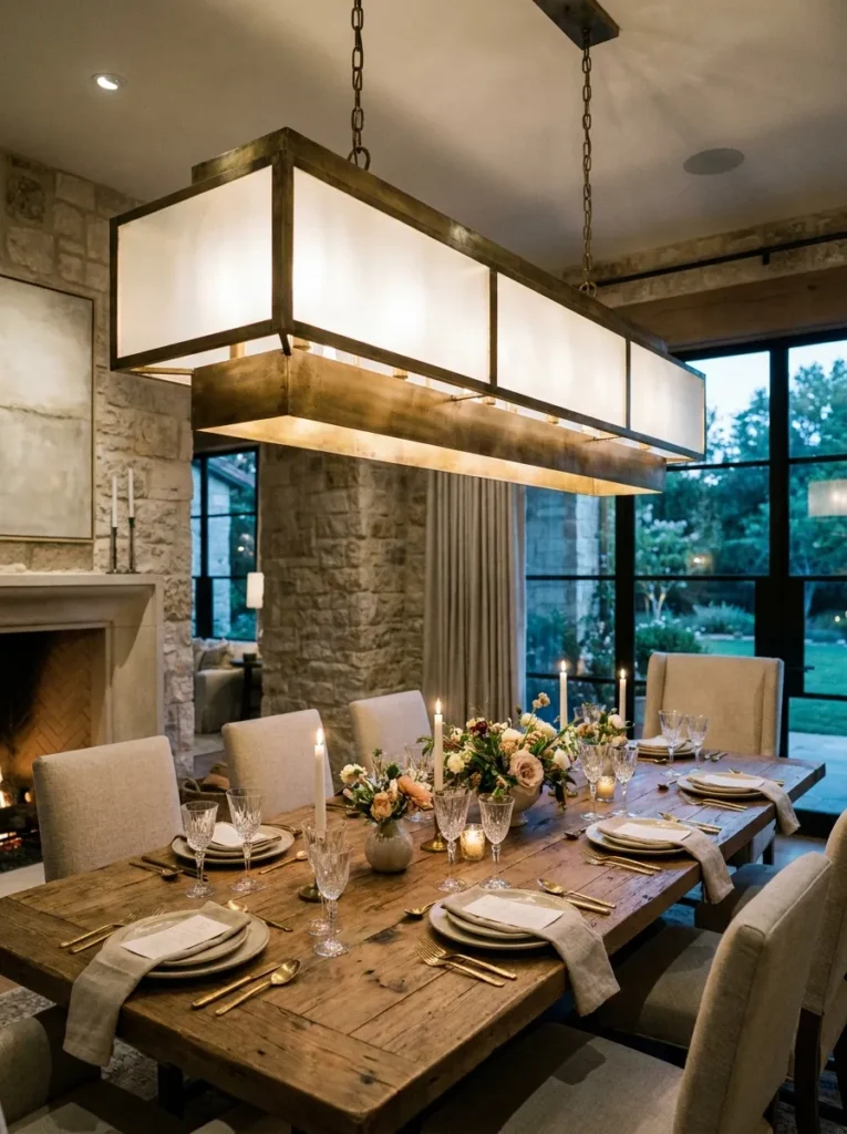 Oversized brass linear chandelier statement lighting in a dining room