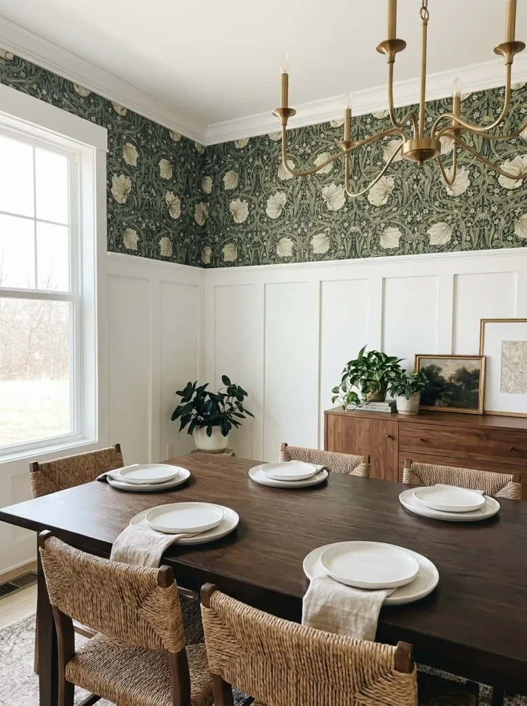 Crisp white wainscoting paired with botanical wallpaper in a dining room