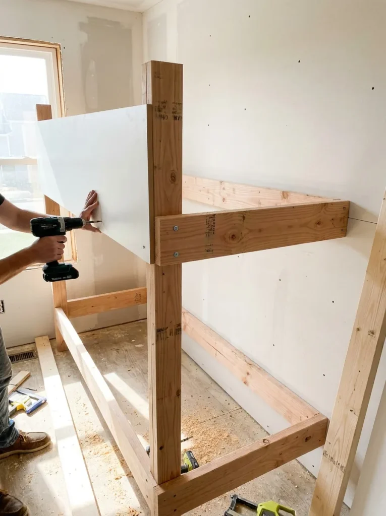 DIY built in bunk beds on a budget using 2x4 framing and MDF panels