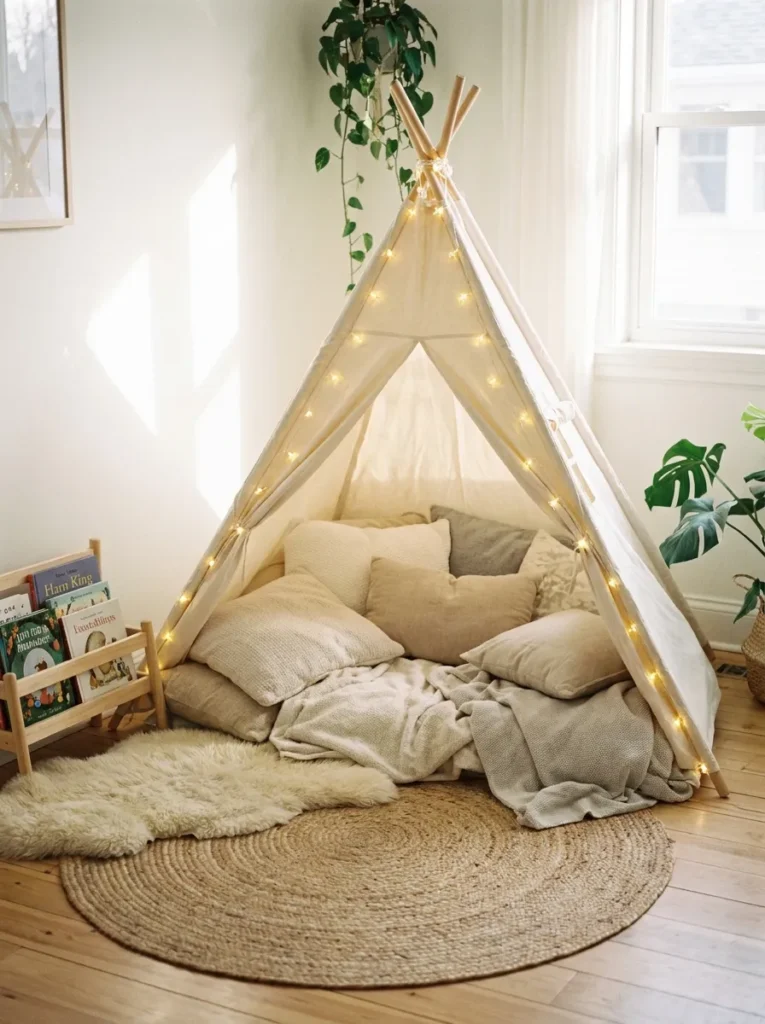 Canvas teepee tent serving as a budget friendly DIY kids reading nook
