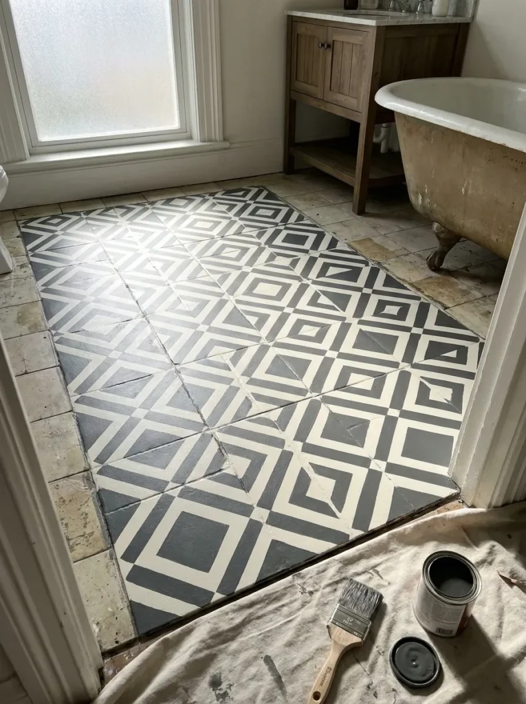 Painted and stenciled bathroom floor tiles in a budget remodel