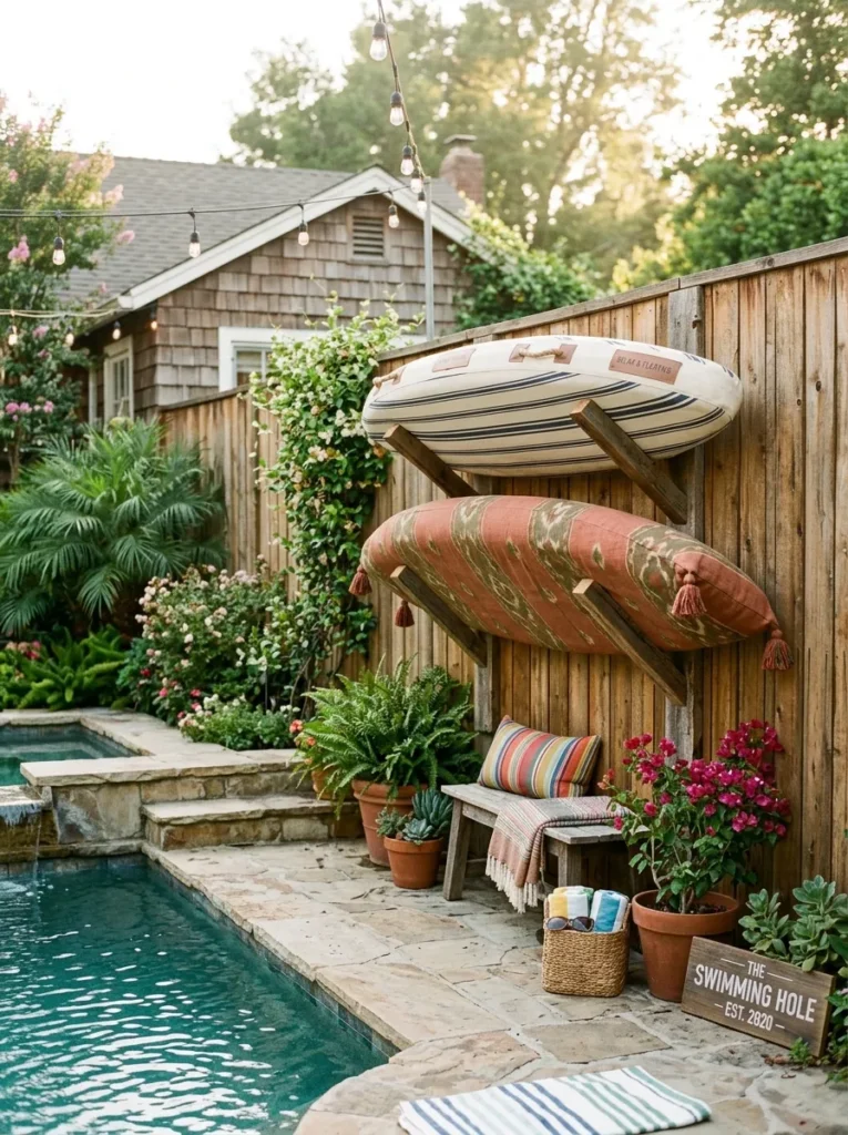 Slat wooden wall rack holding large pool floats horizontally on a fence
