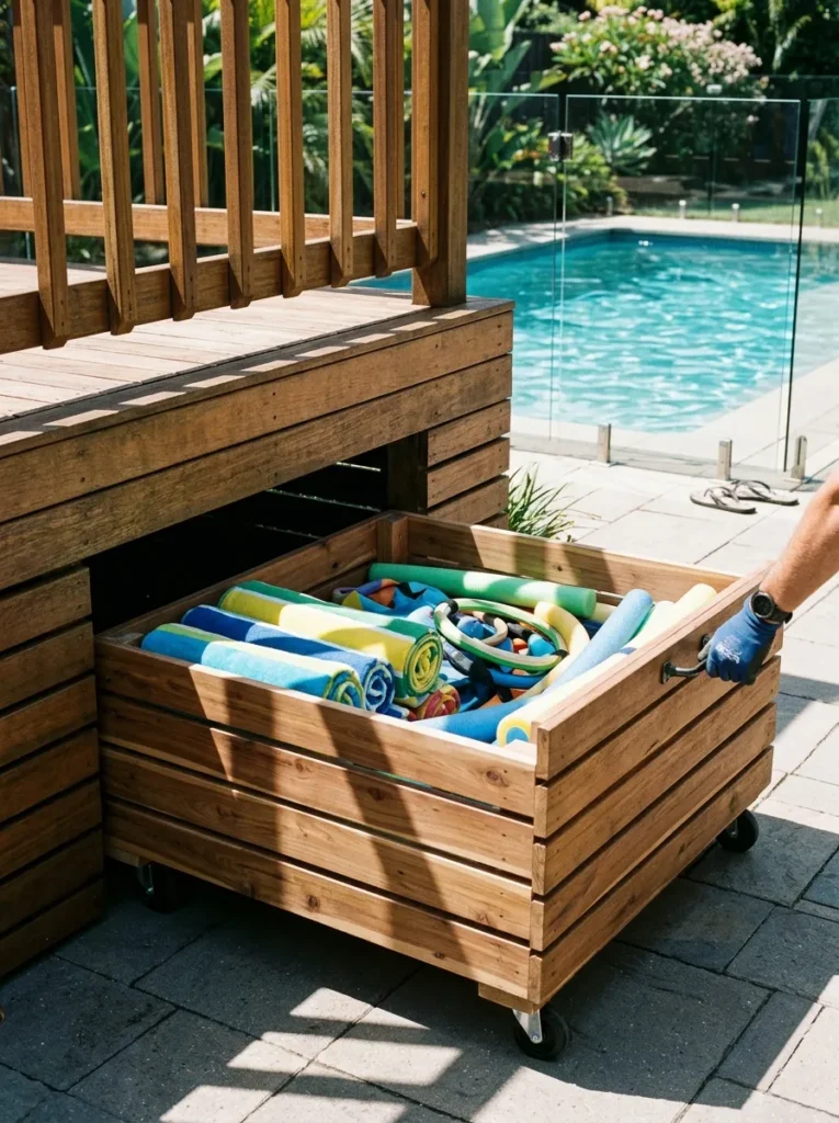 Slatted cedar wood drawer on wheels pulling out from under a pool deck