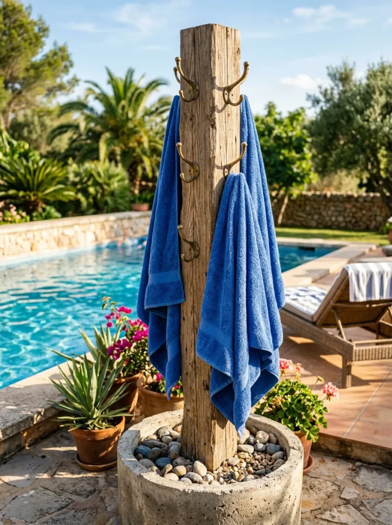 DIY wooden towel rack outdoor with a sturdy concrete base holding blue towels