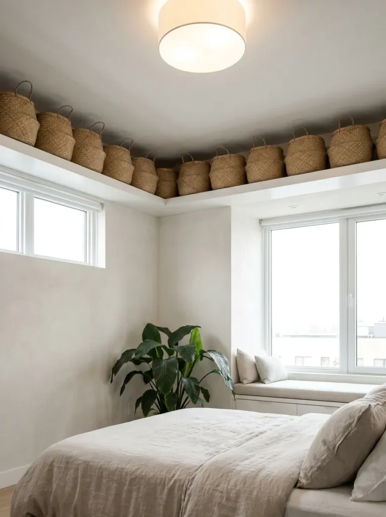 High perimeter floating shelf holding woven baskets in a small bedroom