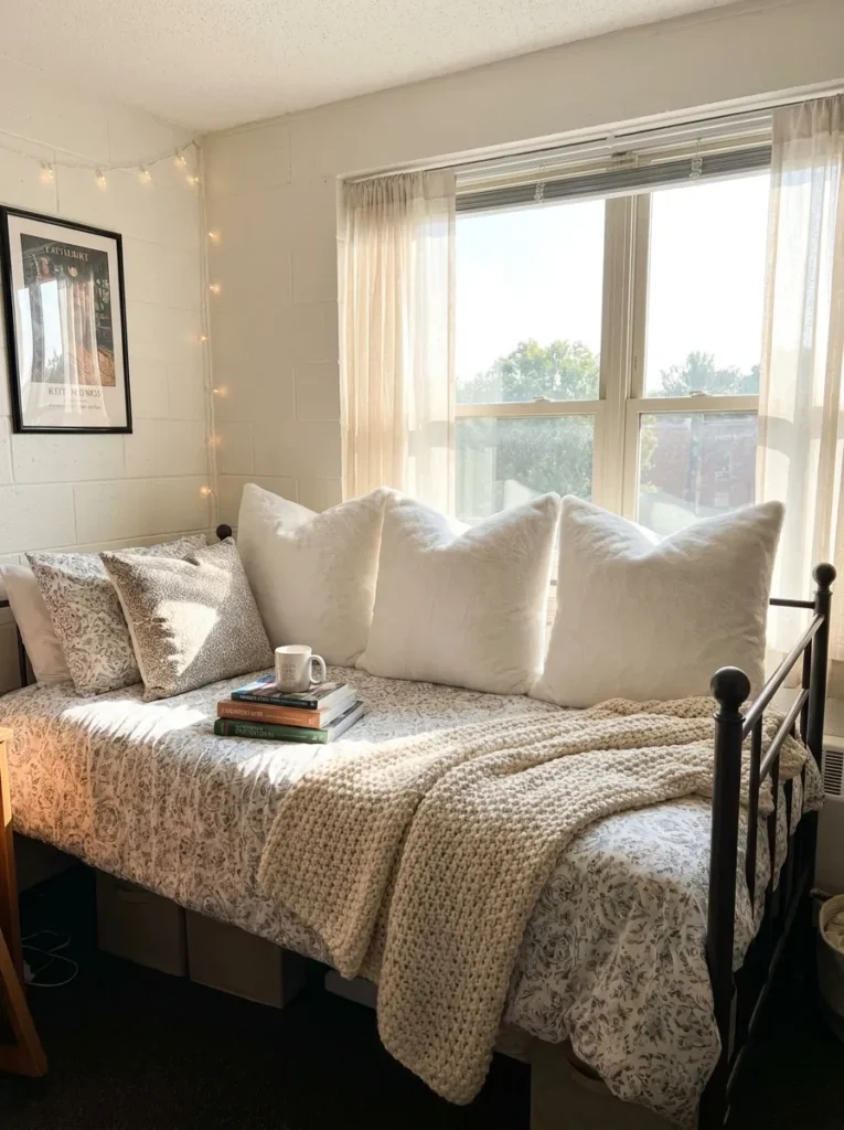 Twin dorm bed styled lengthwise with large euro pillows to look like a couch