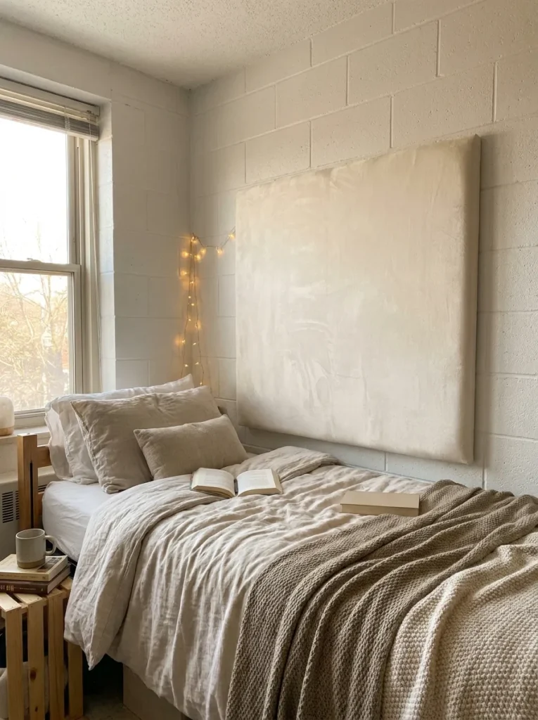 Cream upholstered tension mounted headboard on a white dorm room wall