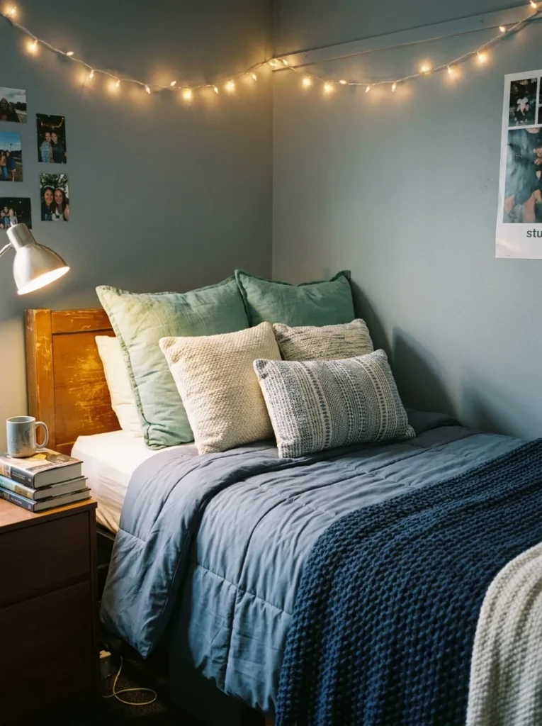 Slate blue comforter and seafoam accent pillows styled on a dorm bed