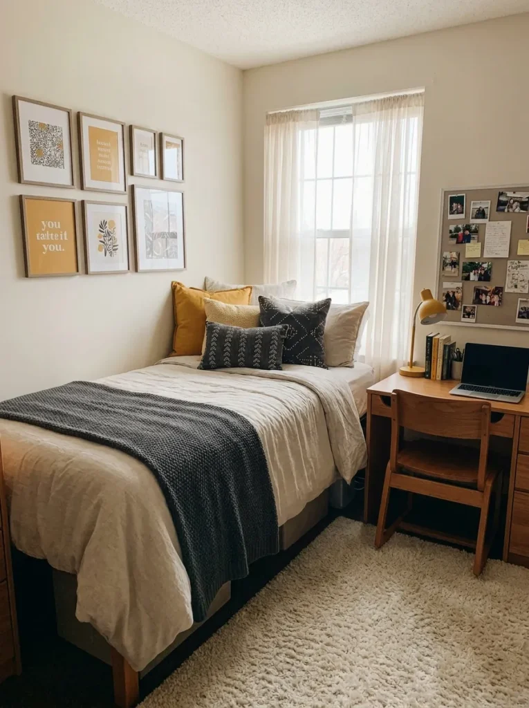 Cohesive oatmeal cream and charcoal gray bedding layout on a dorm bed