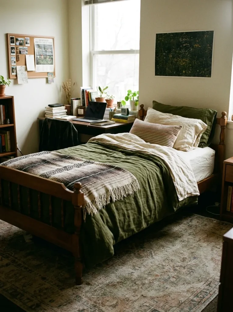 Olive green duvet cover and cream sheets on a college dorm bed