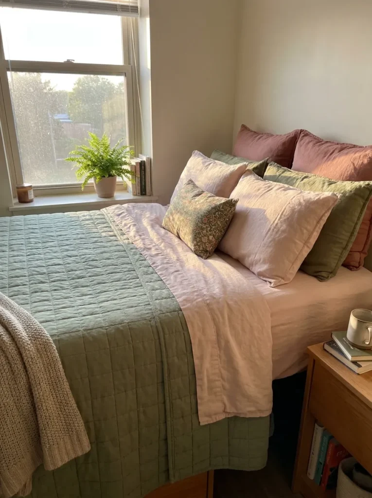 Sage green quilt layered with blush pink sheets on a dorm bed