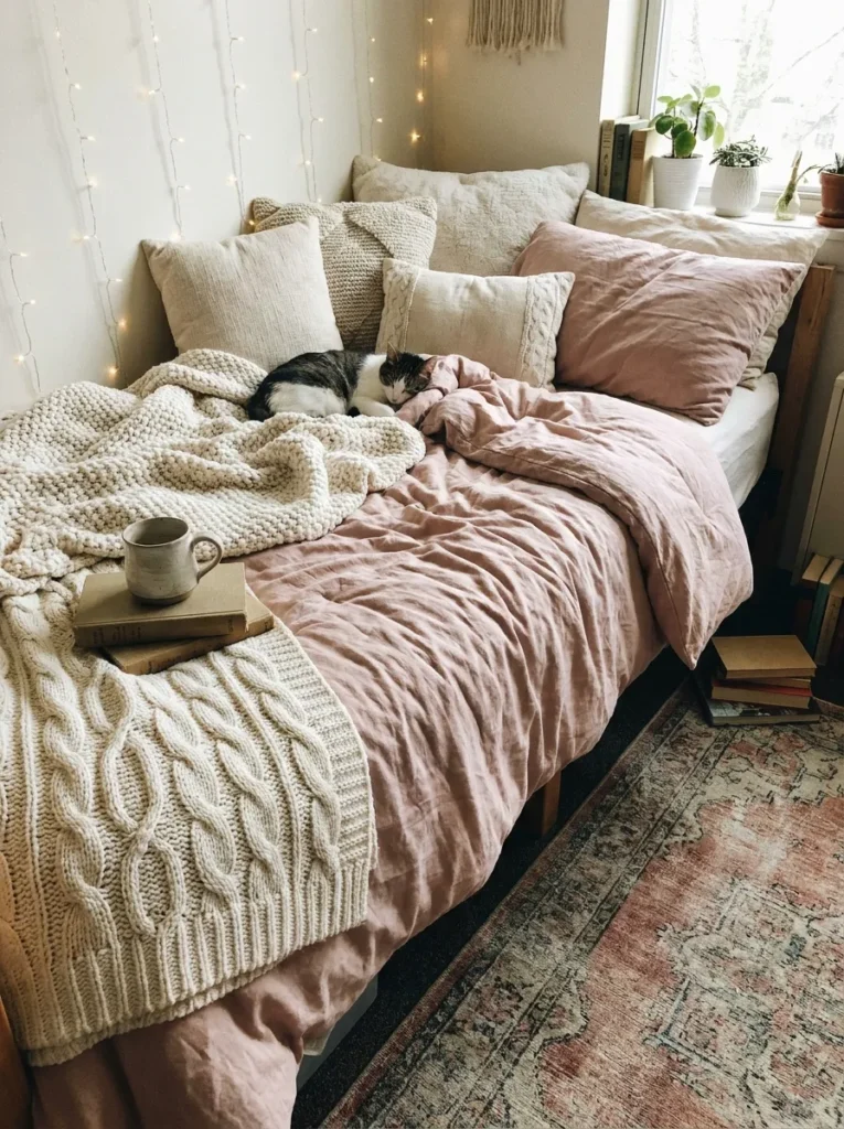 Muted blush pink comforter styled on a twin college dorm bed