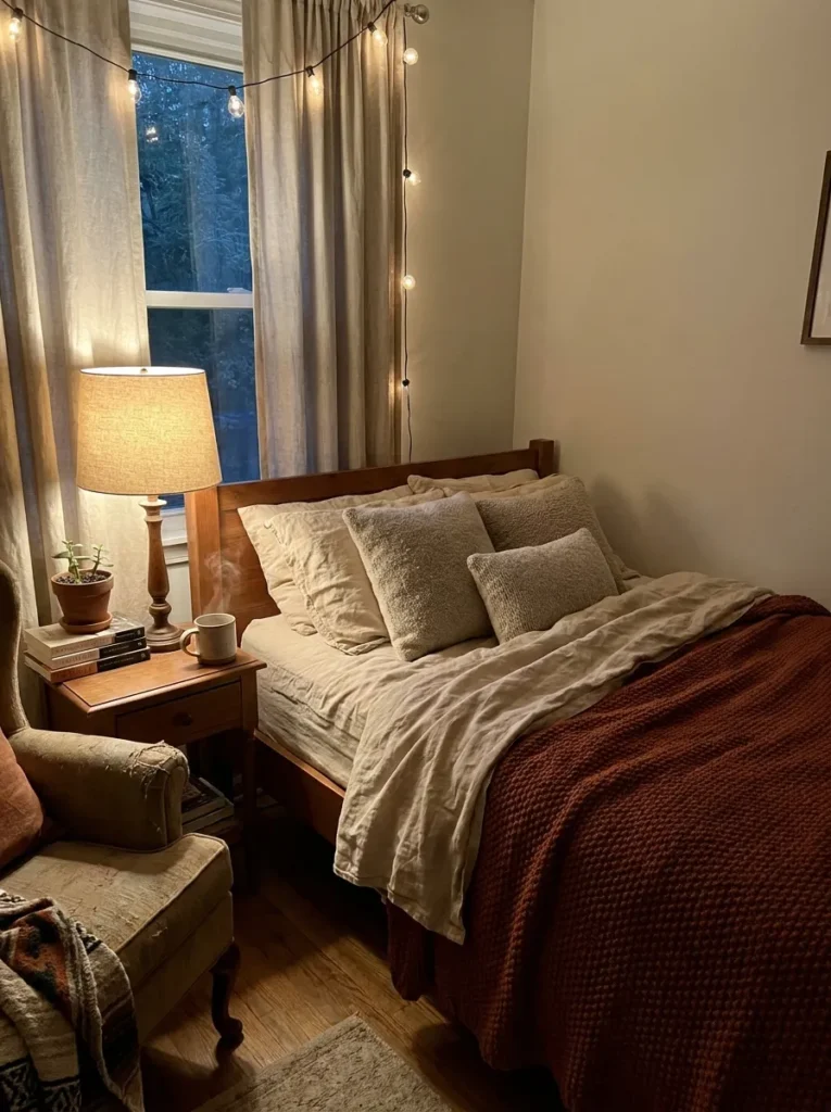 Terracotta knit duvet blanket layered with cream linens on a twin bed