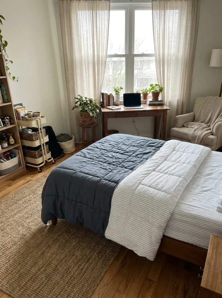 Reversible slate gray and white pinstripe duvet cover on a dorm bed