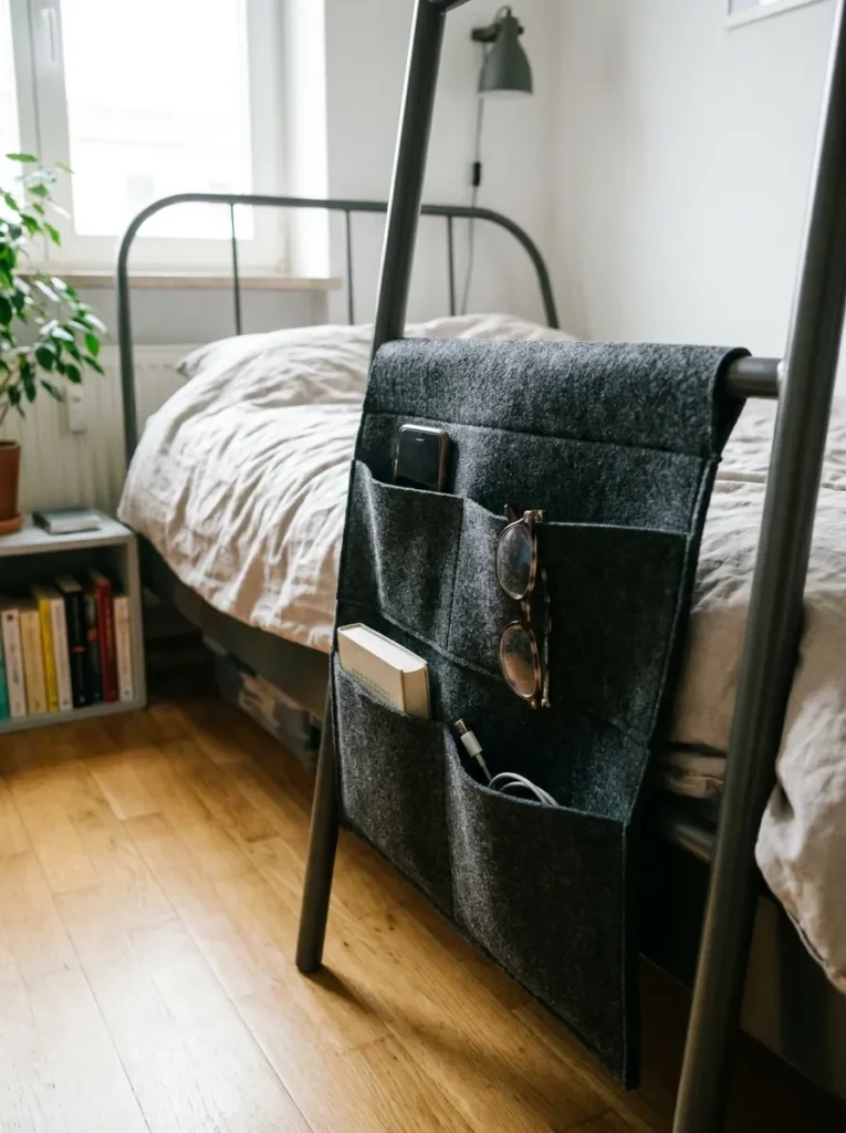 Dark gray felt bedside pocket caddy hanging from a twin mattress frame