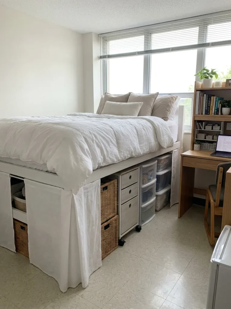 Long white linen bed skirt hiding storage bins under a dorm bed