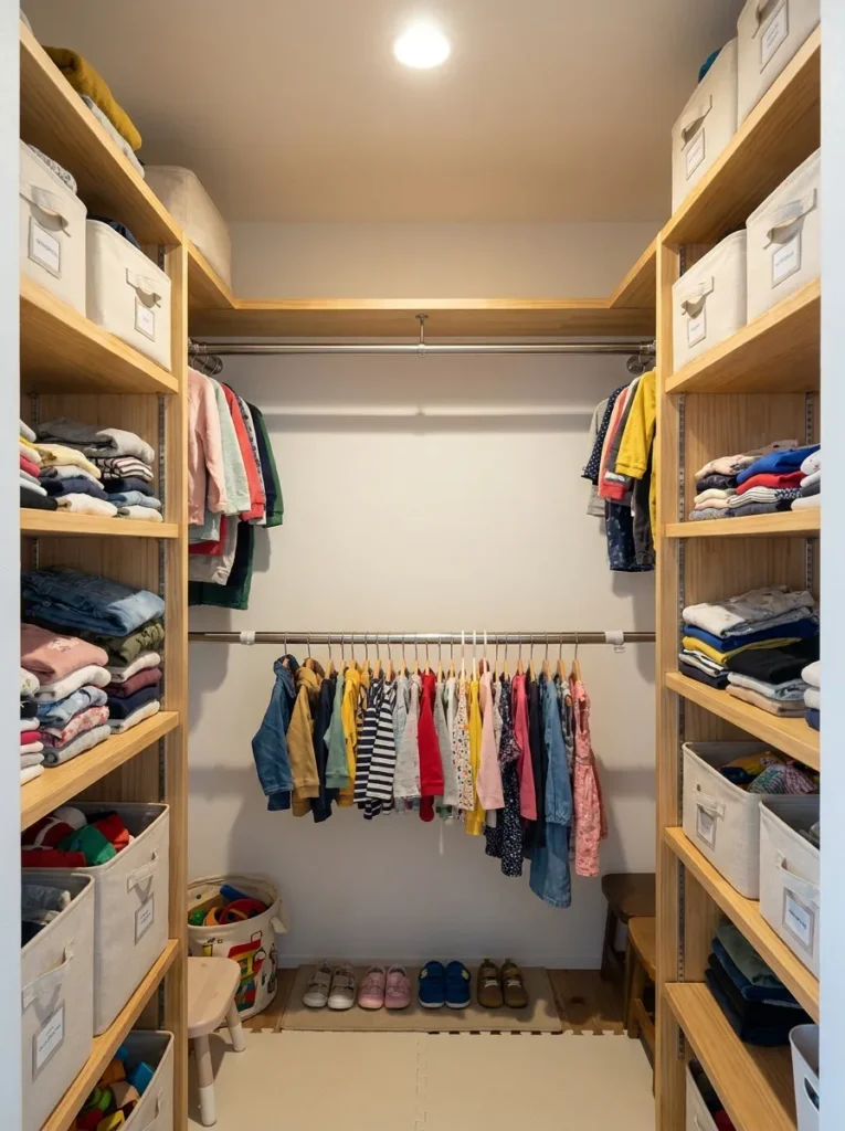 Double hang tension rod system in a child's closet