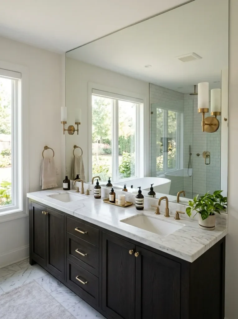 Modern brass sconces installed directly through a large wall mirror sheet
