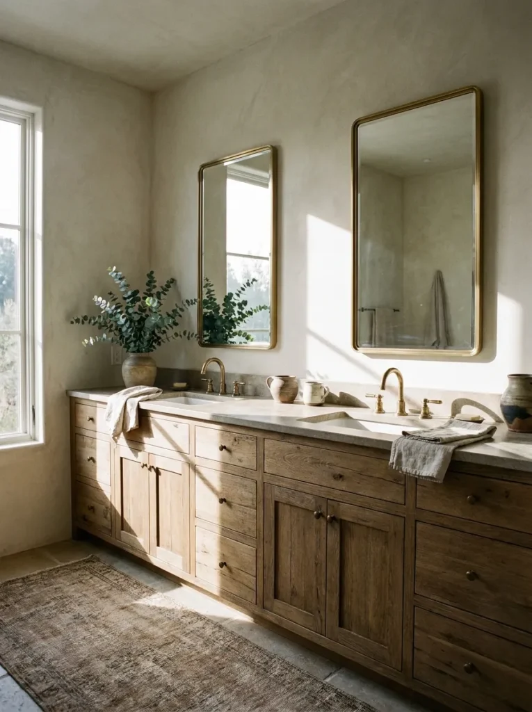 Two identical vertical brass framed mirrors hung symmetrically over a double vanity