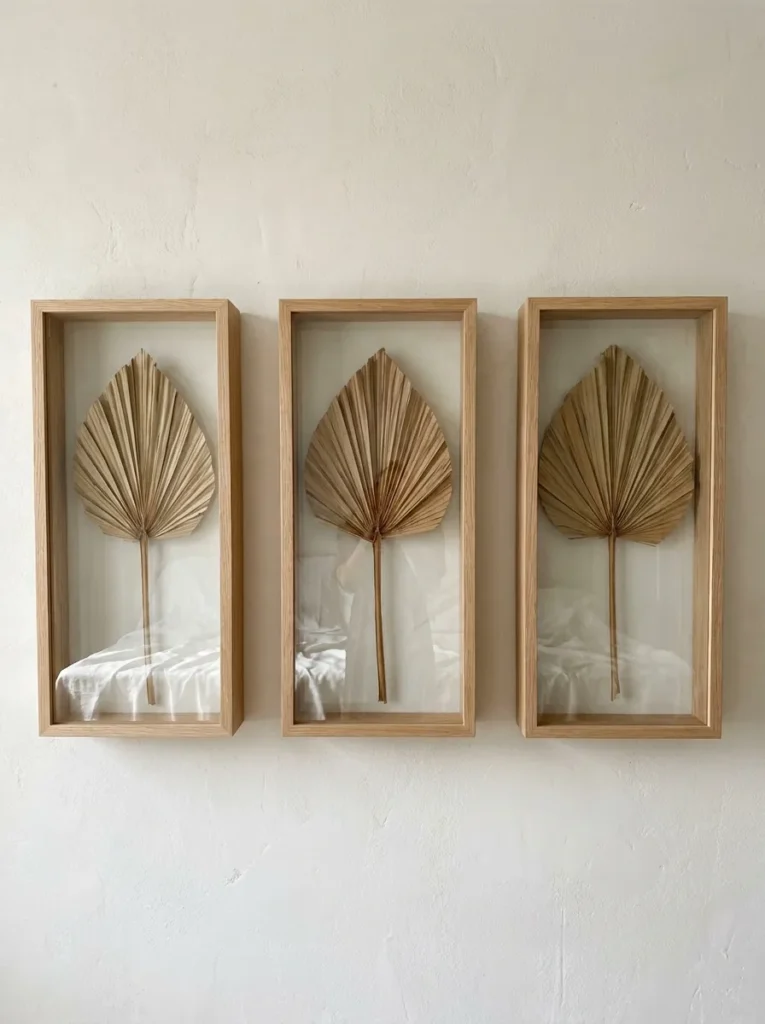 Symmetrical wood shadow boxes displaying dried palm spears on a wall