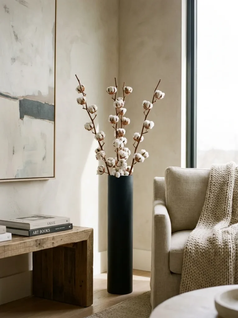Tall dried cotton branches inside a matte black iron floor vase