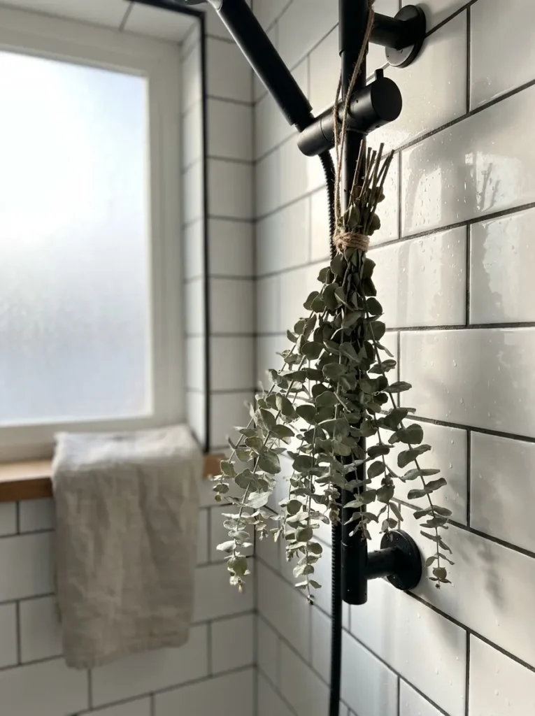 Dried eucalyptus bundle hanging from a black shower head in a tiled bathroom