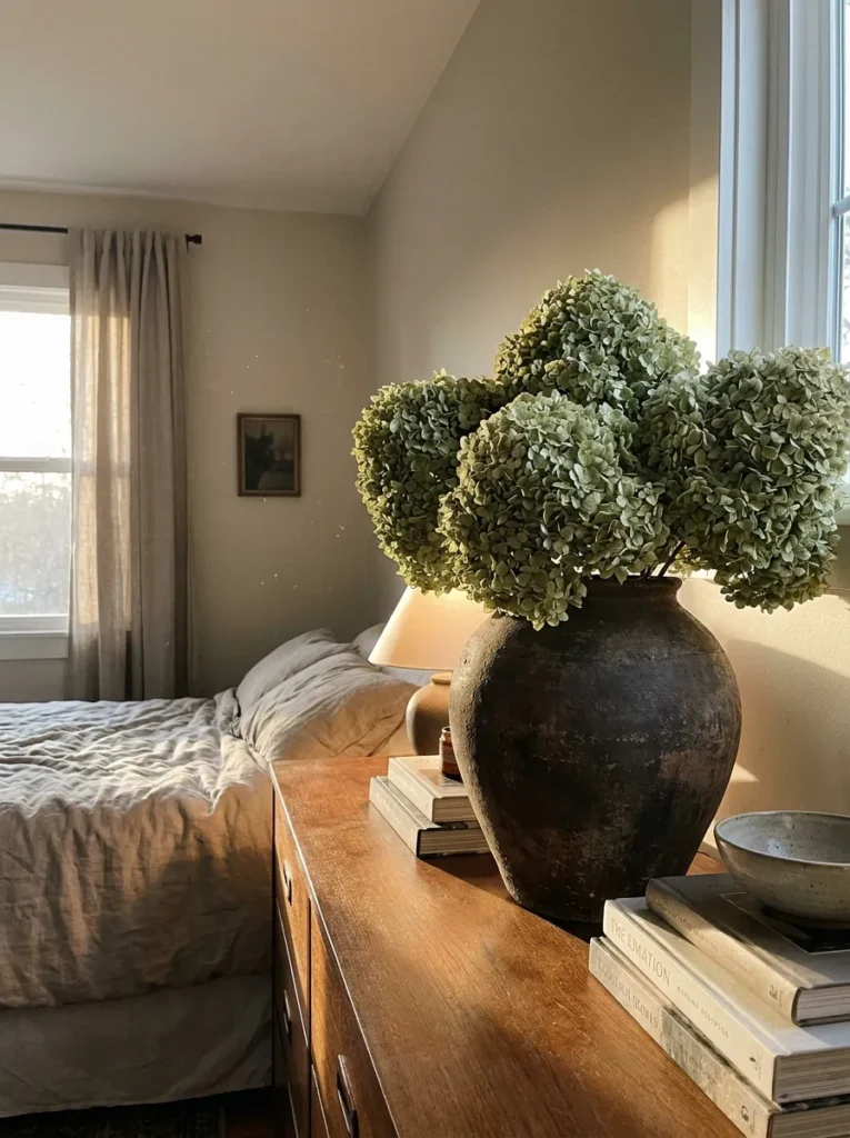 Sage green dried hydrangea stems packed tightly into a dark clay vase