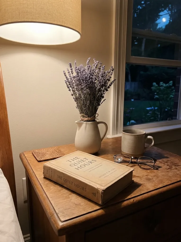 Dried purple French lavender bundle inside a white ceramic pitcher on a nightstand