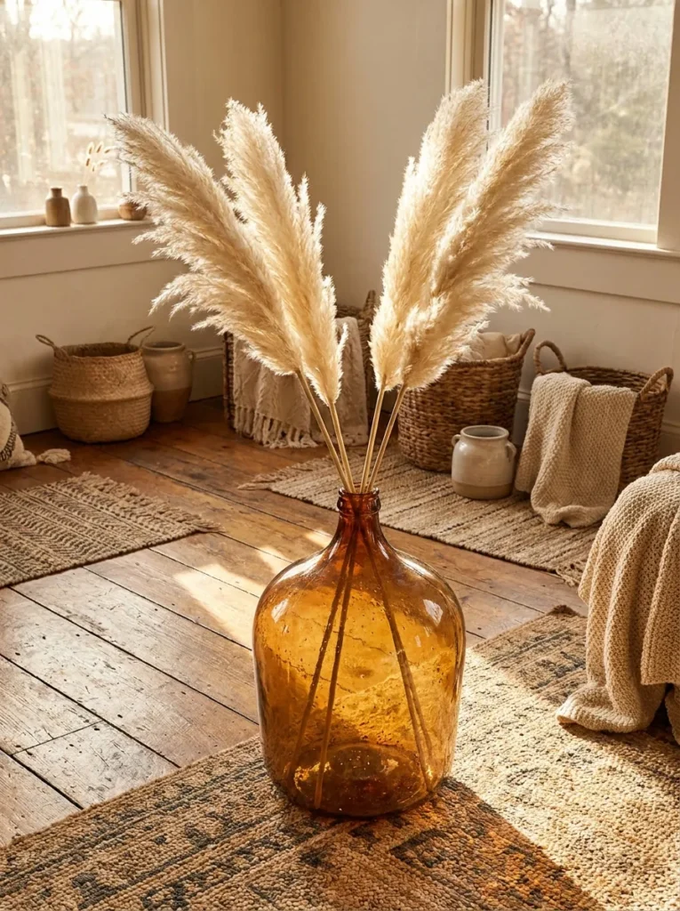 Tall cream pampas grass stems displayed in an amber glass floor jug