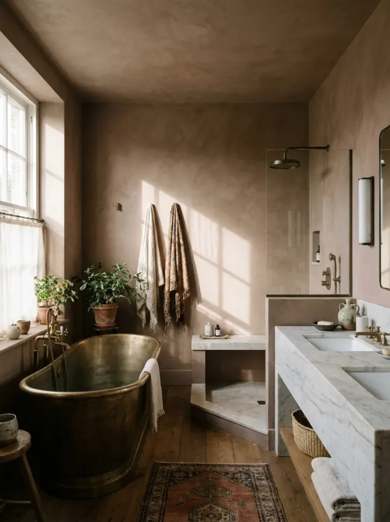 Textured muddy terracotta Roman clay wall finish in a modern bathroom